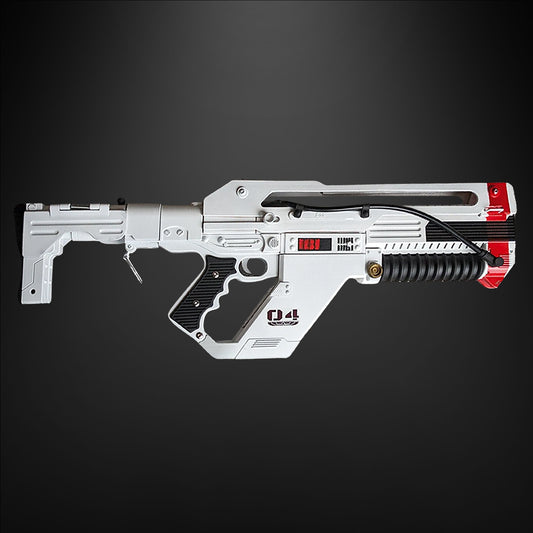 Futuristic gun with a white and black design on a dark background