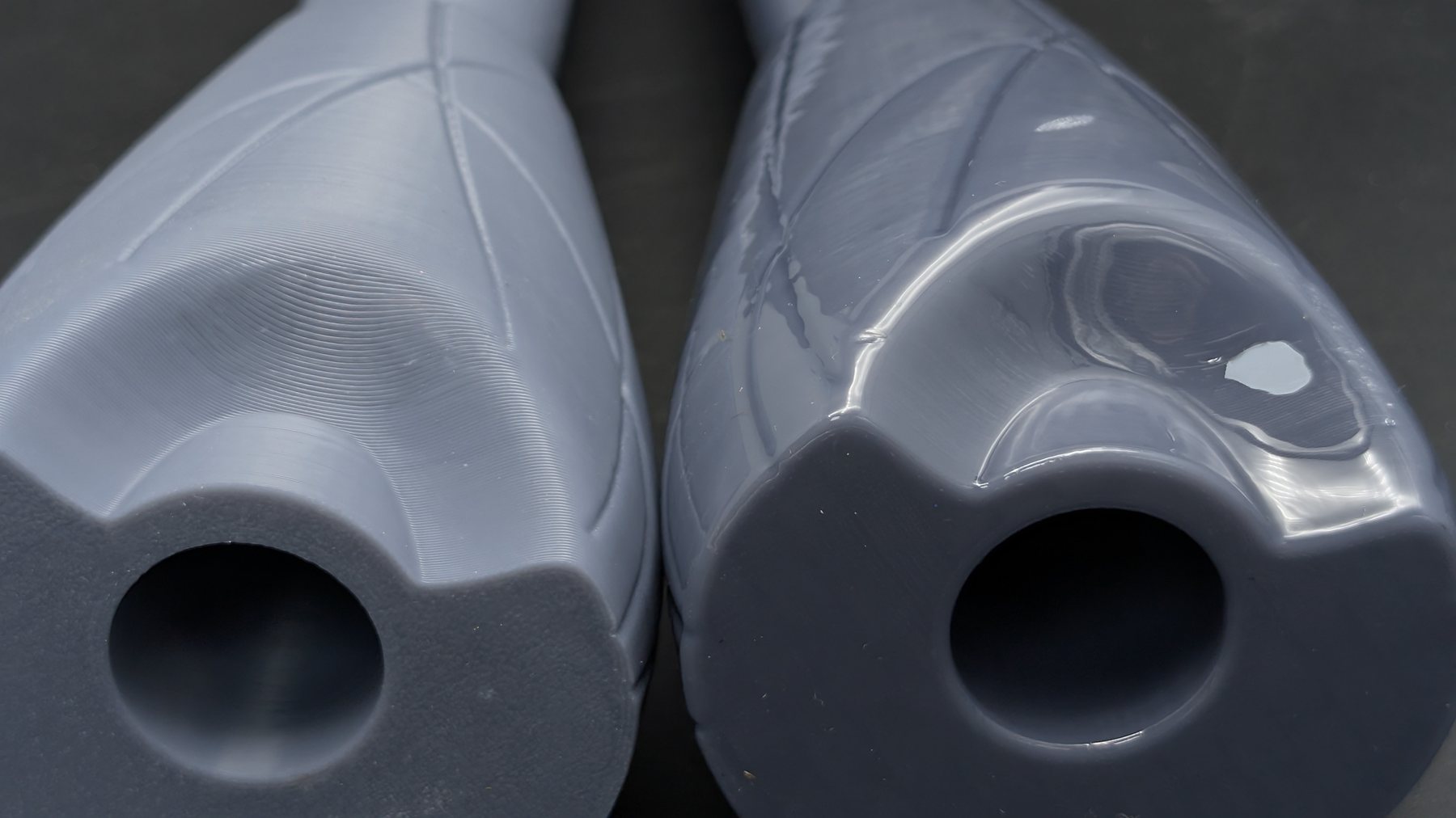 Comparison showing a raw non-vapour-smoothed printed part beside the same vapour-smoothed part
